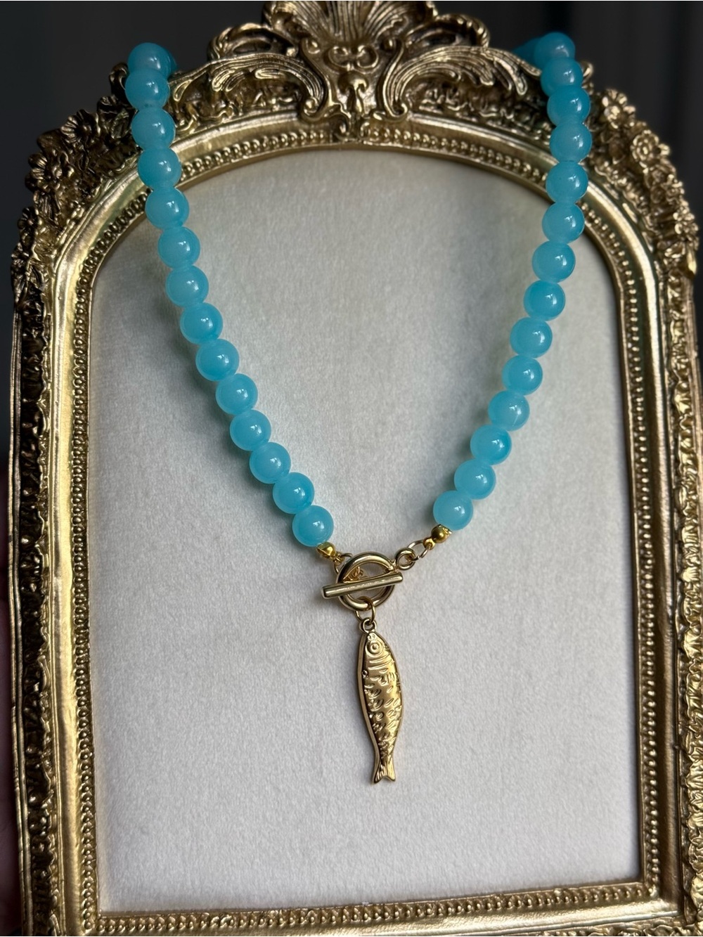 Gold Fish Charm Aqua Beaded Necklace